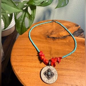 Turquoise and Red Beaded Necklace with Silver Pendant